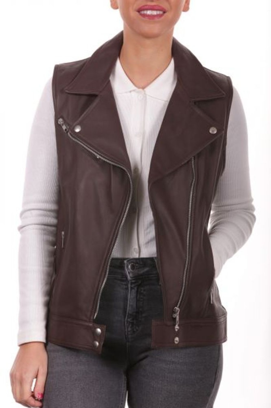 Femme Milpau Gilet Cuir | Milpau Agathe Marron