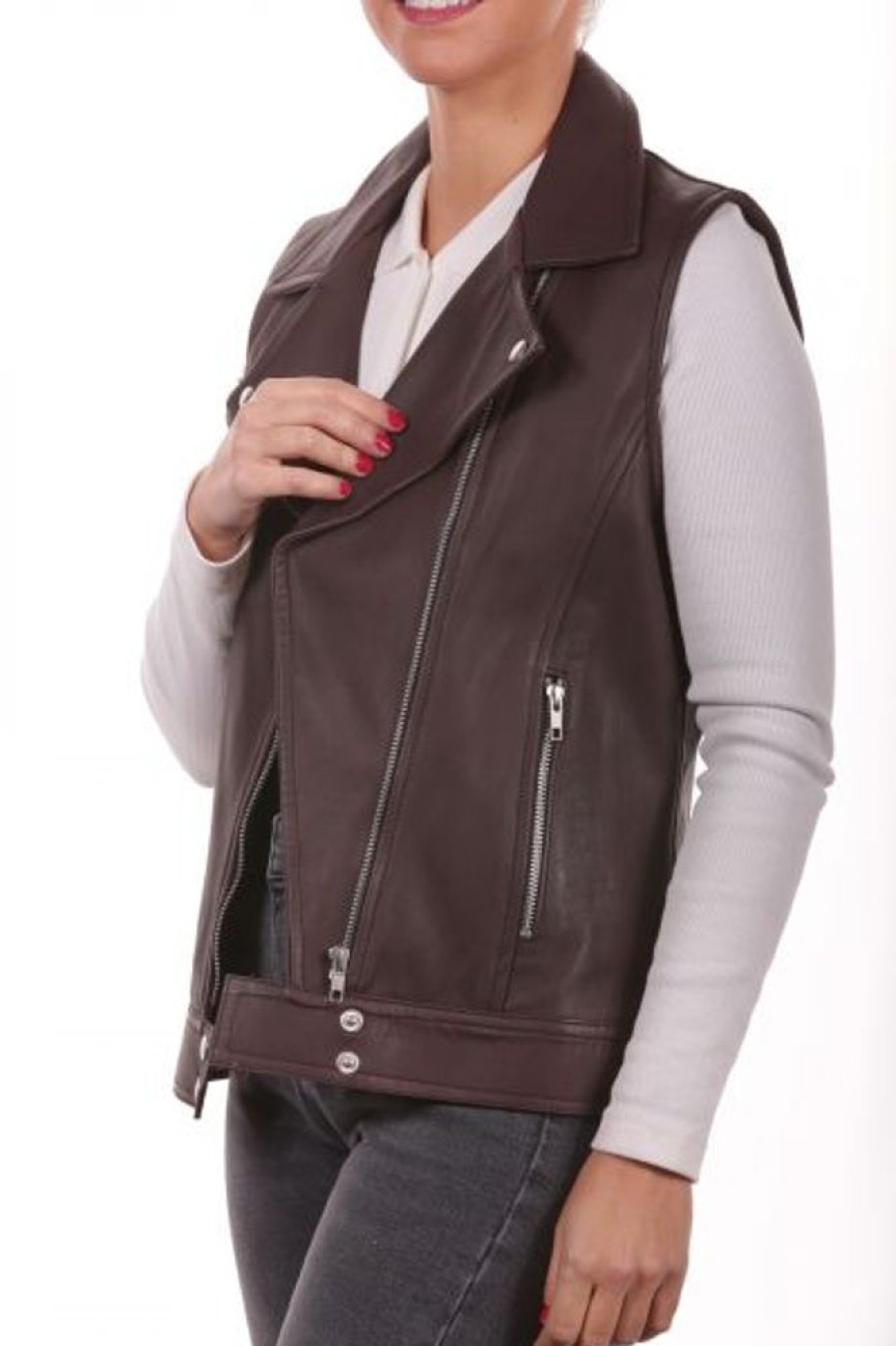 Femme Milpau Gilet Cuir | Milpau Agathe Marron