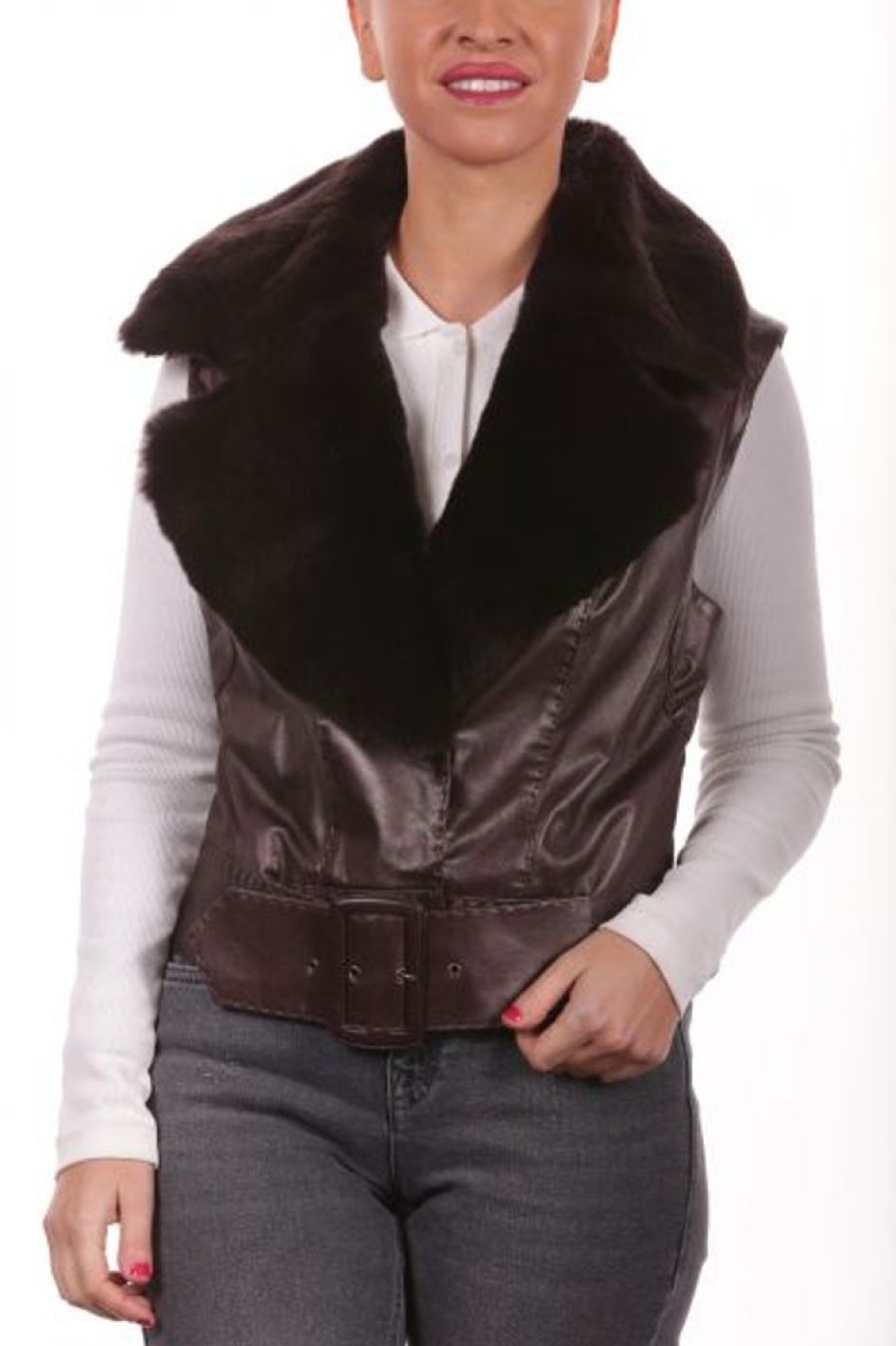 Femme Milpau Gilet Cuir | Milpau Juliette Marron